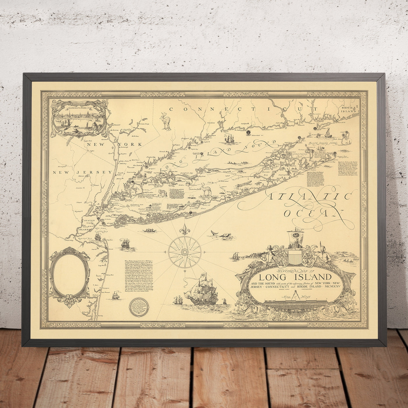 Alte historische Karte von Long Island von Clegg, 1925: New York City, Sound, frühe Siedlungen 