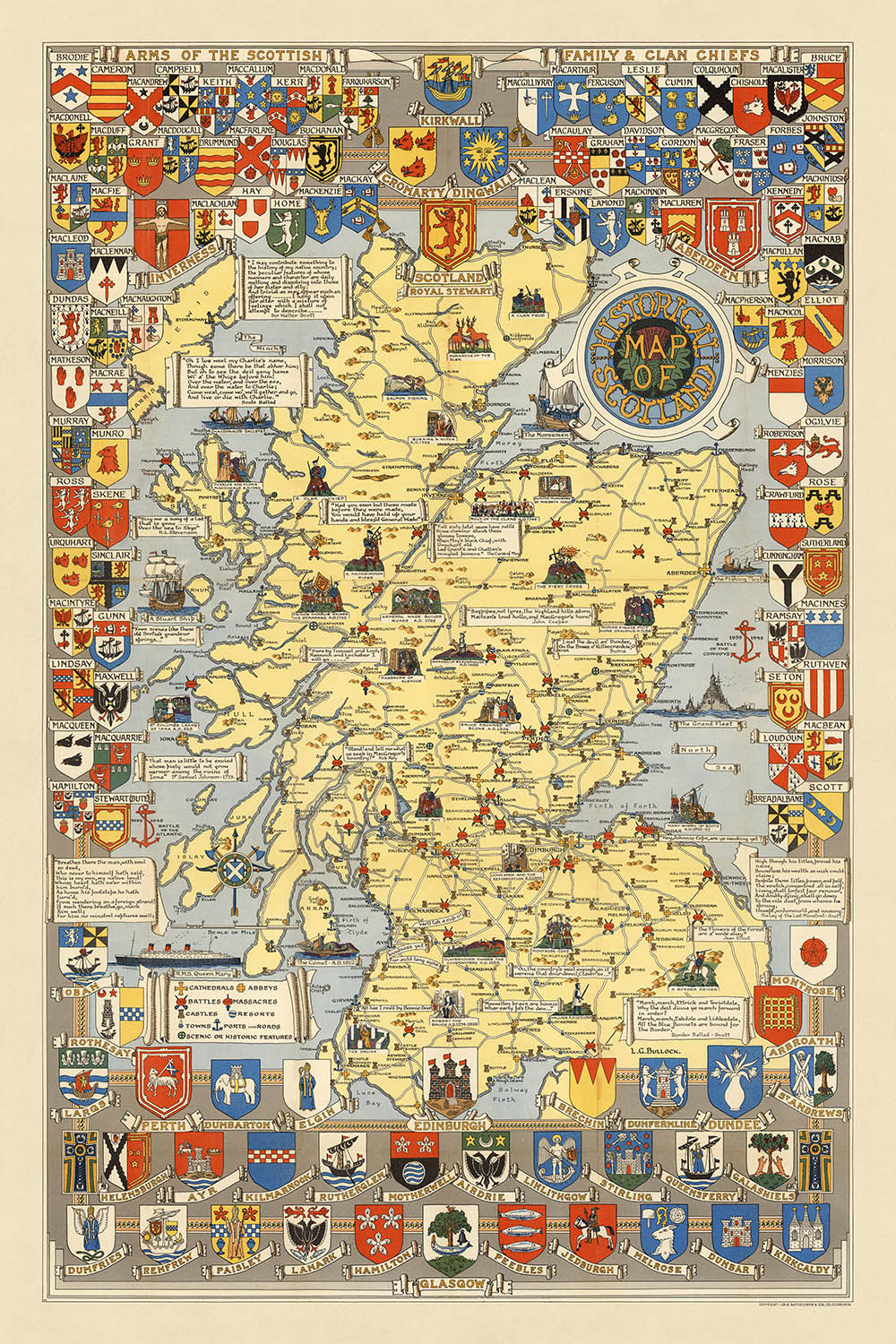 Ancienne carte historique de l'Écosse par Bullock, 1950 : Clans, tartans, batailles, châteaux, faune, armoiries 