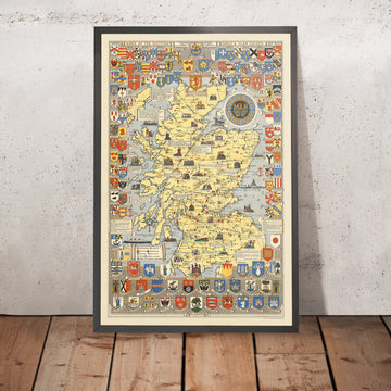 Antica mappa storica della Scozia di Bullock, 1950: Clan, Tartan, Battaglie, Castelli, Fauna, Stemmi 