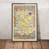 Old Historical Map of Scotland by Bullock, 1950: Clans, Tartans, Battles, Castles, Wildlife, Coats of Arms
