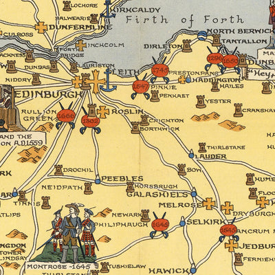 Ancienne carte historique de l'Écosse par Bullock, 1950 : Clans, tartans, batailles, châteaux, faune, armoiries 