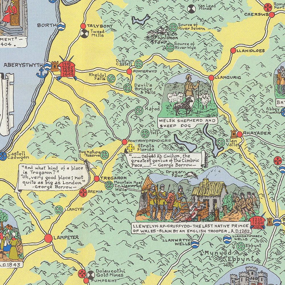 Old Pictorial Map of Wales by Bullock, 1966: Castles, Cathedrals, Battles, Coats of Arms