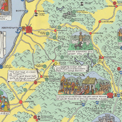 Old Pictorial Map of Wales by Bullock, 1966: Castles, Cathedrals, Battles, Coats of Arms