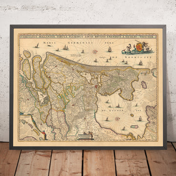 Antiguo mapa de Holanda de Visscher, 1690: Amsterdam, Rotterdam, La Haya, Utrecht, Leiden