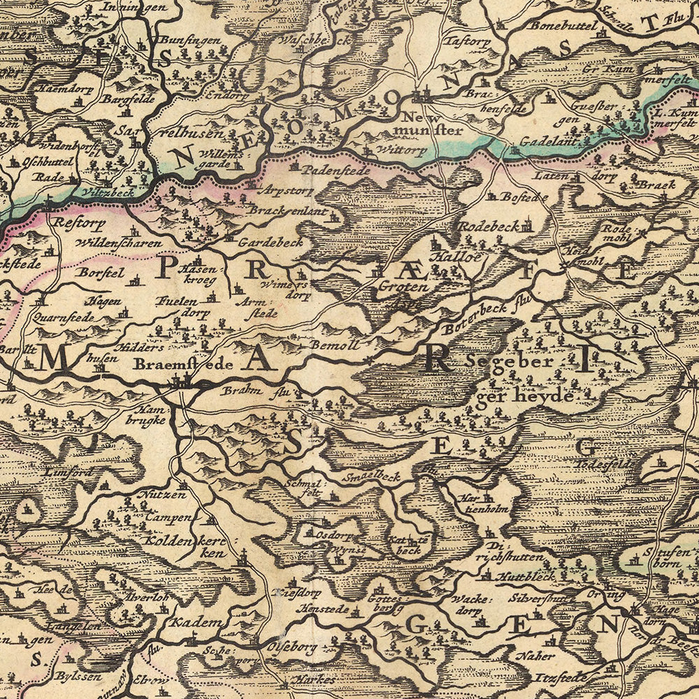 Mapa antiguo de Holstein de Visscher, 1690: Hamburgo, Lübeck, Kiel, Rendsburg, Neumünster