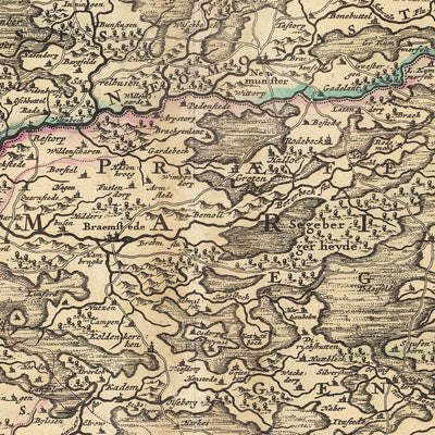 Mapa antiguo de Holstein de Visscher, 1690: Hamburgo, Lübeck, Kiel, Rendsburg, Neumünster