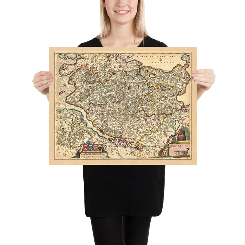 Mapa antiguo de Holstein de Visscher, 1690: Hamburgo, Lübeck, Kiel, Rendsburg, Neumünster