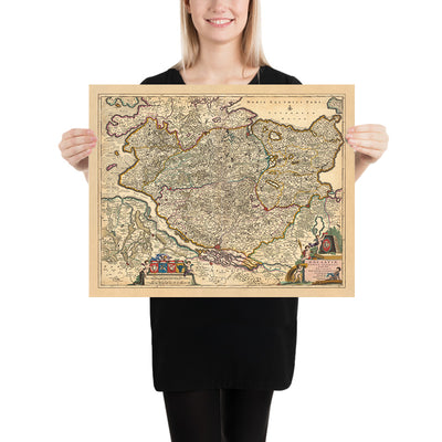 Mapa antiguo de Holstein de Visscher, 1690: Hamburgo, Lübeck, Kiel, Rendsburg, Neumünster