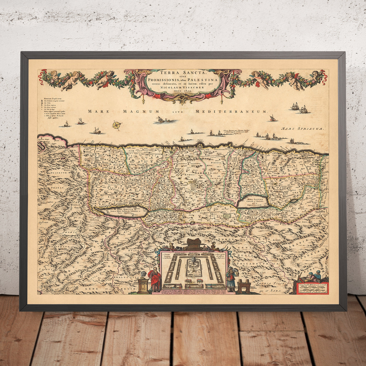 Old Map of the Holy Land by Visscher, 1690: Tribes of Israel, Moses, Jerusalem, Nazareth, West Bank, Haifa, Dead Sea
