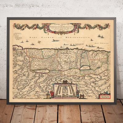 Old Map of the Holy Land by Visscher, 1690: Tribes of Israel, Moses, Jerusalem, Nazareth, West Bank, Haifa, Dead Sea