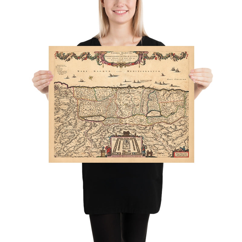 Mappa antica della Terra Santa di Visscher, 1690: Tribù di Israele, Mosè, Gerusalemme, Nazareth, Cisgiordania, Haifa, Mar Morto 