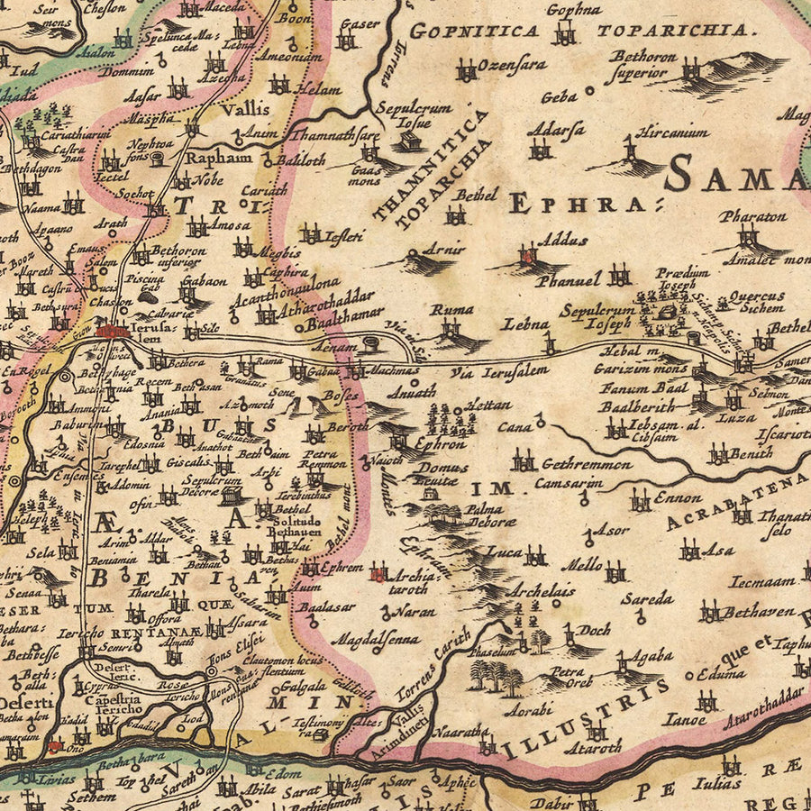 Mappa antica della Terra Santa di Visscher, 1690: Tribù di Israele, Mosè, Gerusalemme, Nazareth, Cisgiordania, Haifa, Mar Morto 