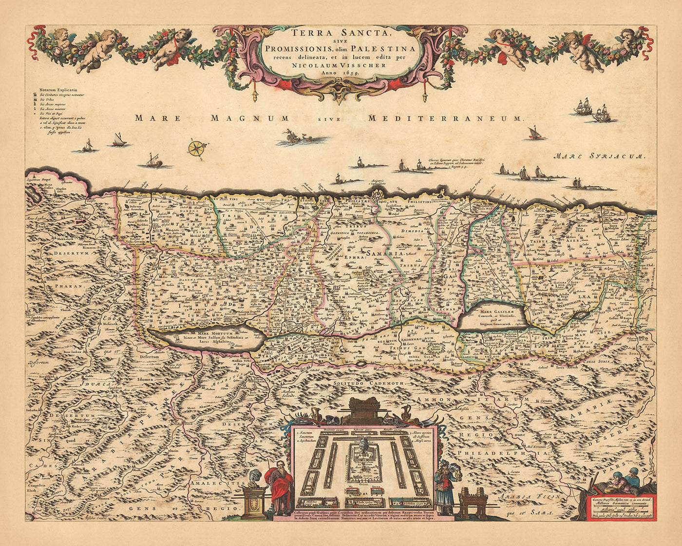 Old Map of the Holy Land by Visscher, 1690: Tribes of Israel, Moses, Jerusalem, Nazareth, West Bank, Haifa, Dead Sea