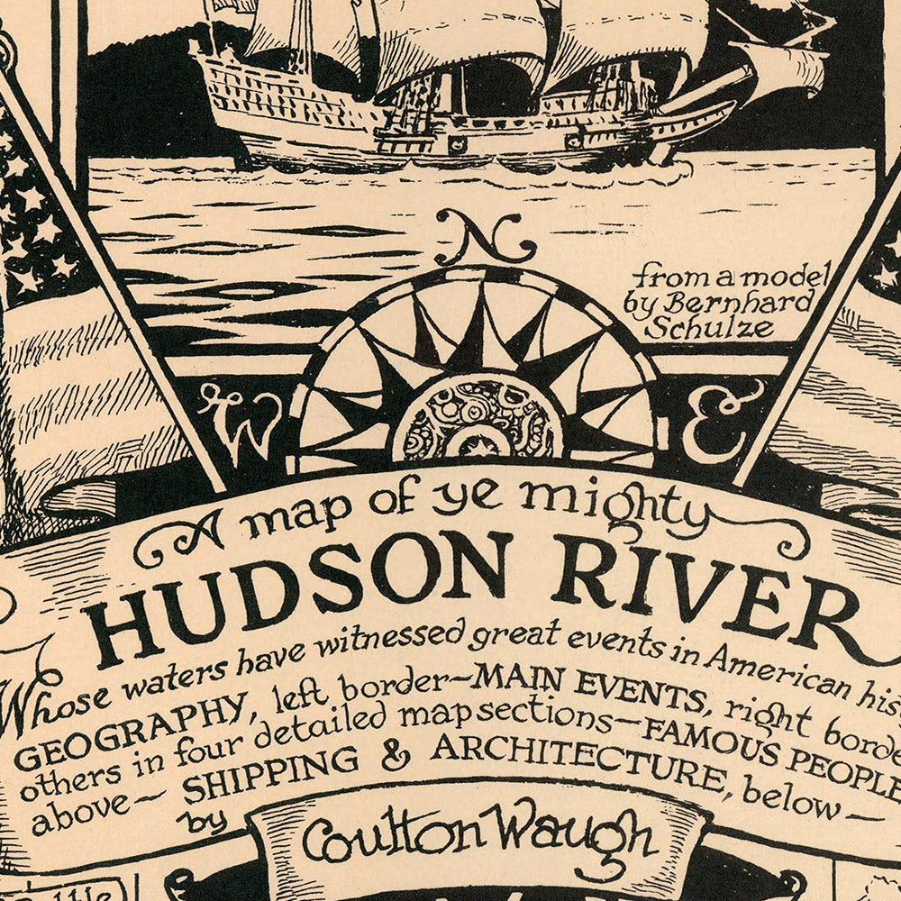 Alte Karte des mächtigen Hudson River von Waugh, 1958: NYC nach Saratoga, Wasserfälle, Dampfschiffe 