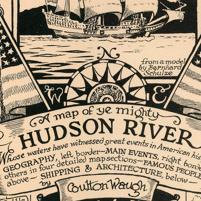Alte Karte des mächtigen Hudson River von Waugh, 1958: NYC nach Saratoga, Wasserfälle, Dampfschiffe 