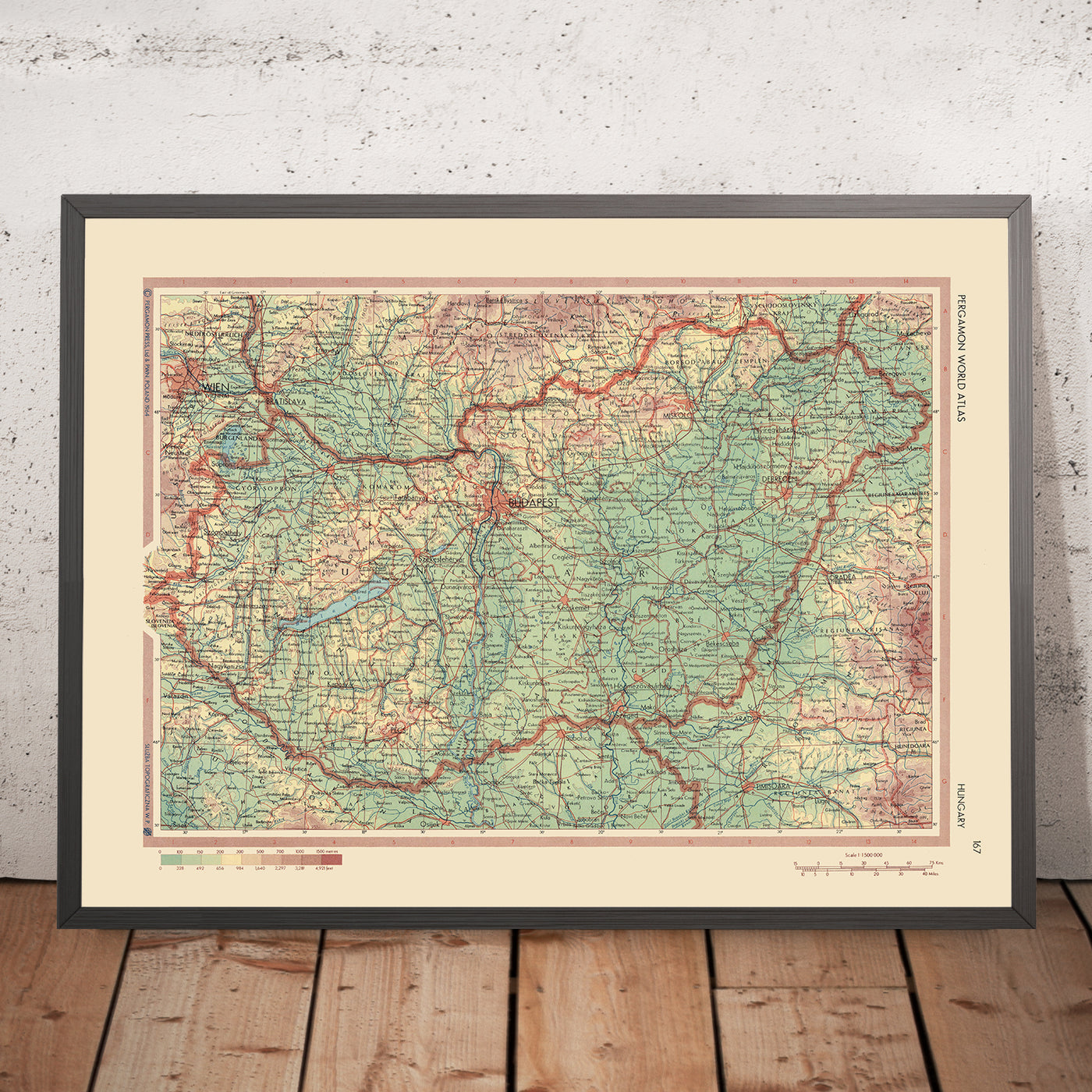 Old Map of Hungary, 1967: Budapest, Danube River, Lake Balaton, Great Hungarian Plain, Mátra Mountains