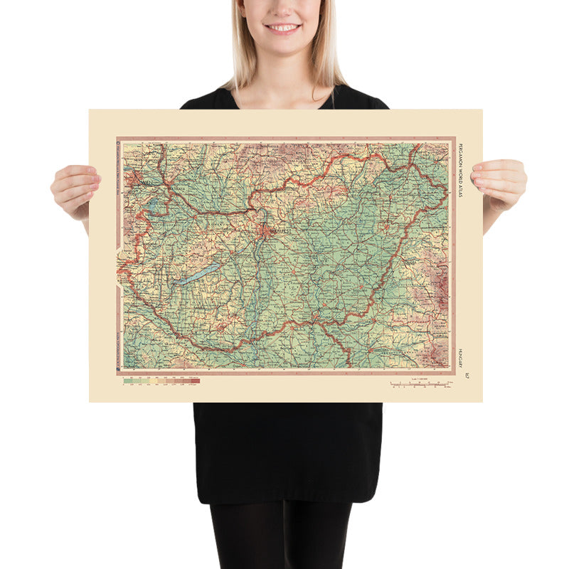 Old Map of Hungary, 1967: Budapest, Danube River, Lake Balaton, Great Hungarian Plain, Mátra Mountains