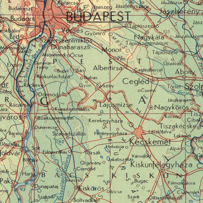 Old Map of Hungary, 1967: Budapest, Danube River, Lake Balaton, Great Hungarian Plain, Mátra Mountains
