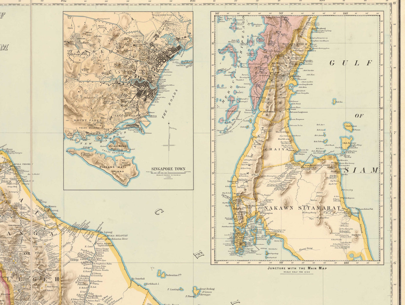 Old Map of the Malay Peninsula in 1898 by Cuylenburg & Stanford - Malaysia, Thailand, Singapore, Johor, Malacca