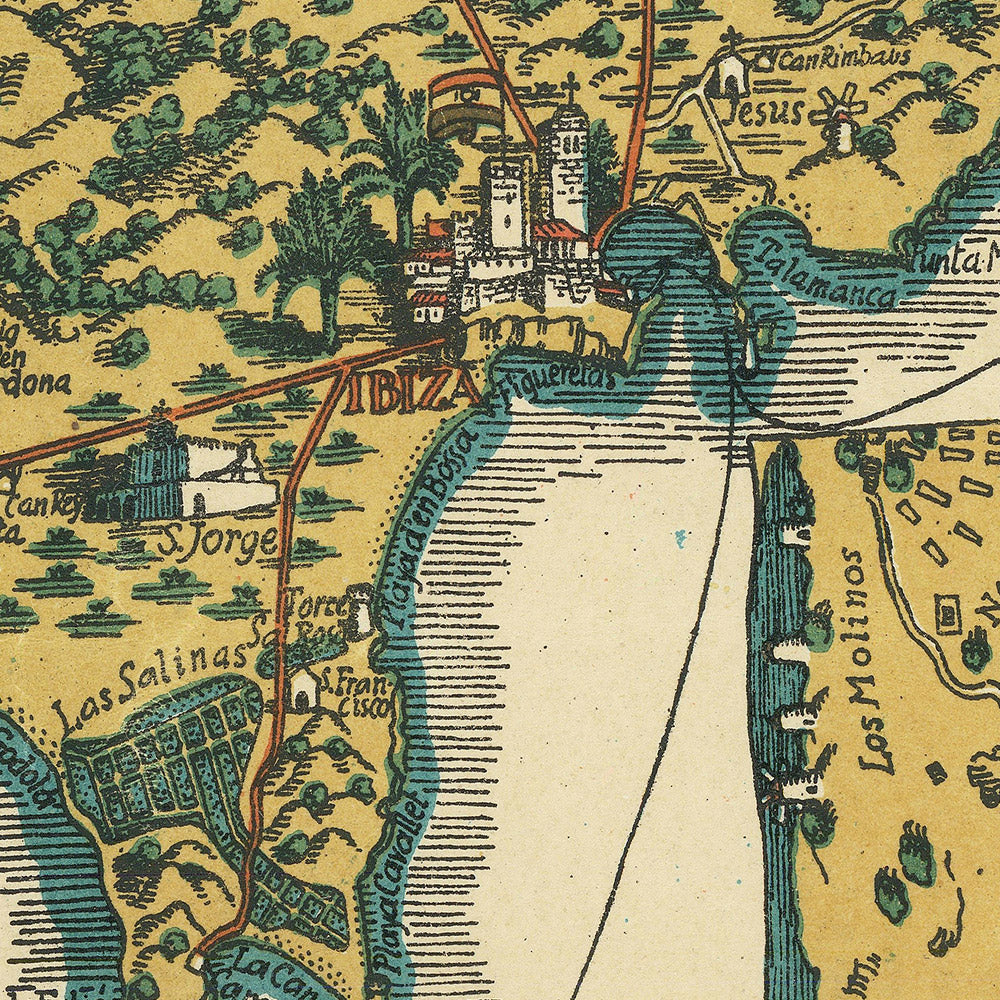 Mapa antiguo de Ibiza y Formentera, 1934: Carta pictórica de atracciones turísticas, monumentos, Mediterráneo 