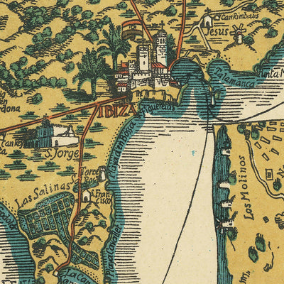 Mapa antiguo de Ibiza y Formentera, 1934: Carta pictórica de atracciones turísticas, monumentos, Mediterráneo 