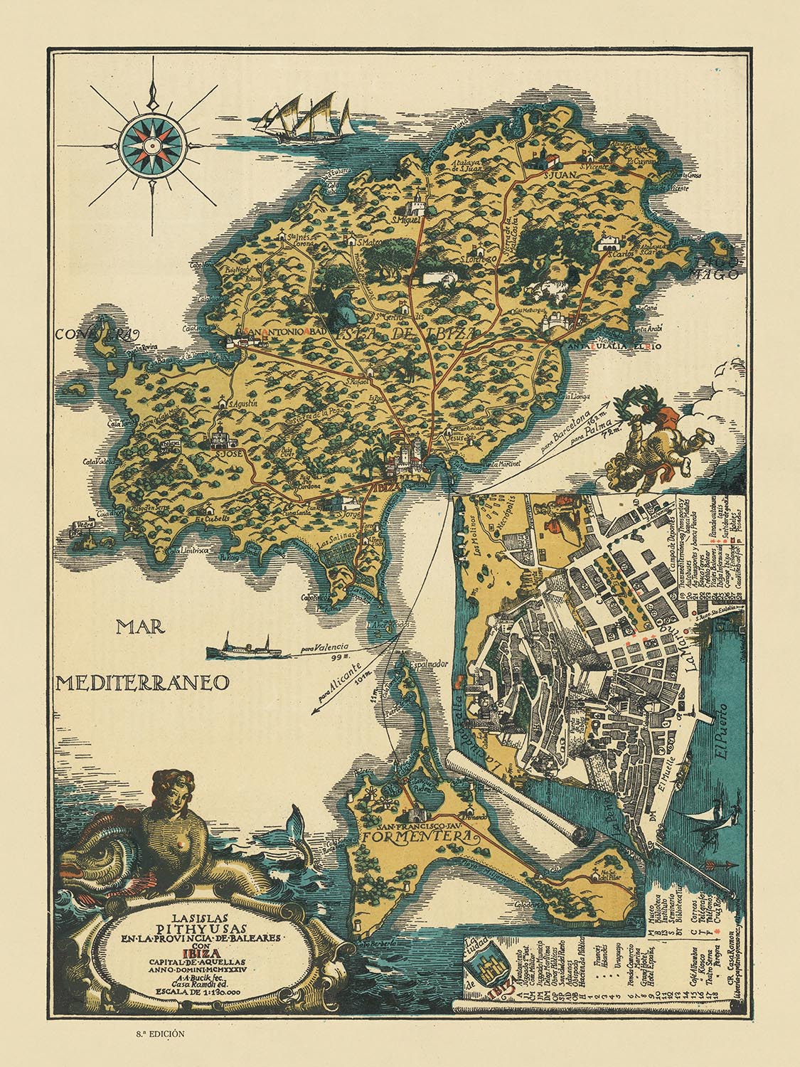 Mapa antiguo de Ibiza y Formentera, 1934: Carta pictórica de atracciones turísticas, monumentos, Mediterráneo 