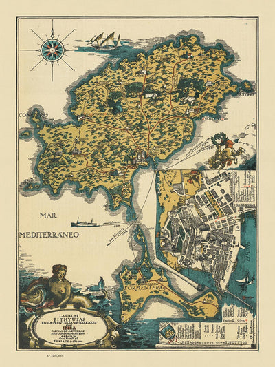 Mapa antiguo de Ibiza y Formentera, 1934: Carta pictórica de atracciones turísticas, monumentos, Mediterráneo 