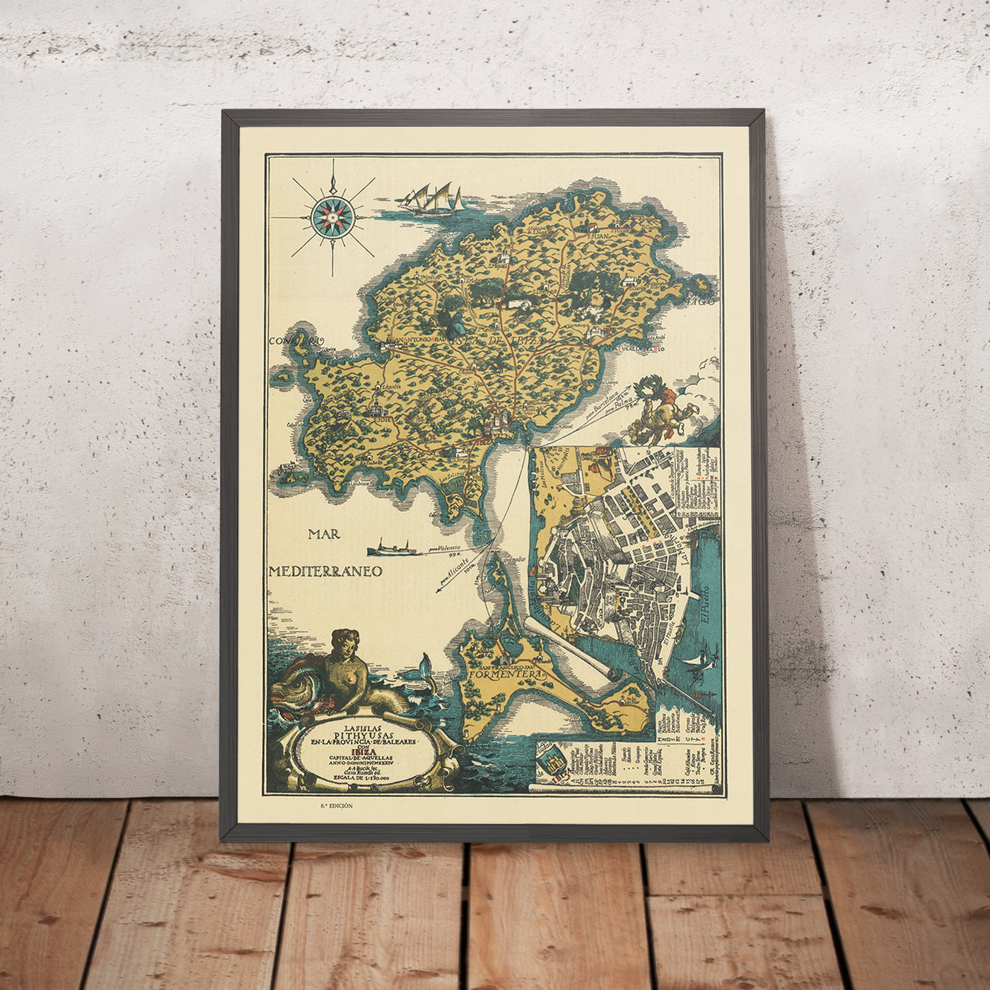 Mapa antiguo de Ibiza y Formentera, 1934: Carta pictórica de atracciones turísticas, monumentos, Mediterráneo 
