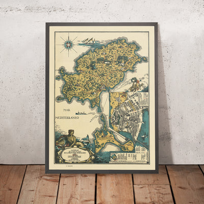 Mapa antiguo de Ibiza y Formentera, 1934: Carta pictórica de atracciones turísticas, monumentos, Mediterráneo 