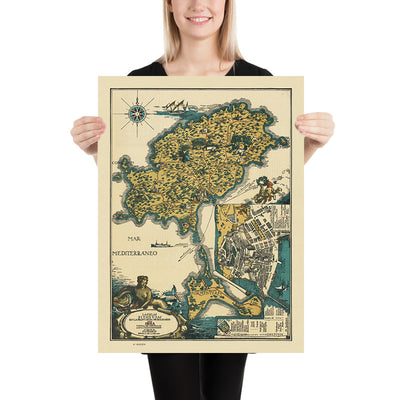 Mapa antiguo de Ibiza y Formentera, 1934: Carta pictórica de atracciones turísticas, monumentos, Mediterráneo 