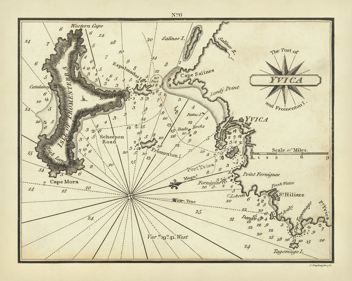 Ancienne carte d'Ibiza par Heather, 1802 : ville d'Ibiza, Saint-Hiliare, port d'Yvica, Fromenterra, îles Baléares