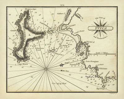 Ancienne carte d'Ibiza par Heather, 1802 : ville d'Ibiza, Saint-Hiliare, port d'Yvica, Fromenterra, îles Baléares