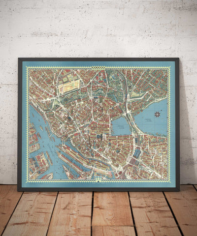 Mapa antiguo de Hamburgo en 1964 por Hermann Bollman - Binnenalster, Alster Lakes, Heiligengeistfeld, Planten un Blomen, Central Station
