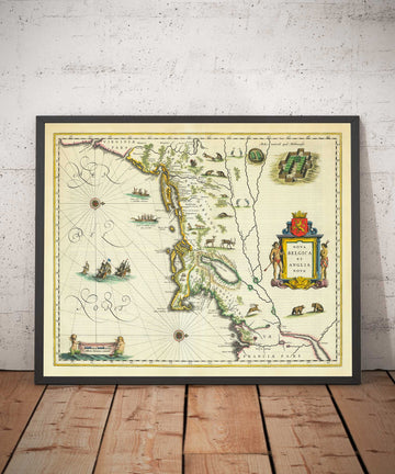 Old Map of New Netherlands and New England in 1640 by Willem Blaeu - Manhattan, Providence, New York, Boston, New Jersey