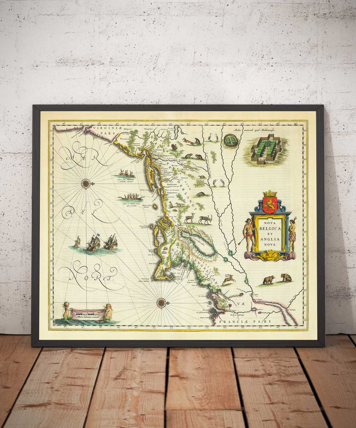 Mapa antiguo de Nueva Holanda y Nueva Inglaterra en 1640 por Willem Blaeu - Manhattan, Providence, Nueva York, Boston, Nueva Jersey