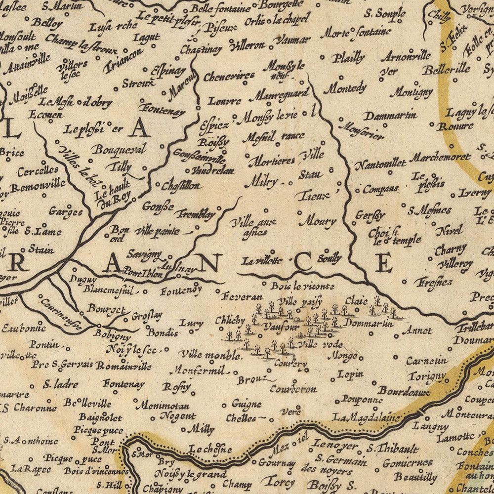 Mapa antiguo de Île-de-France de Visscher, 1690: París, Versalles, Créteil, Compiègne, parque Vexin Français