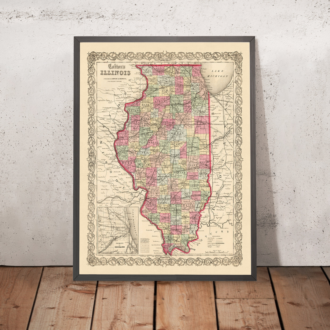 Alte Karte von Illinois von J. H. Colton, 1855: Chicago, Peoria, Springfield, Galena, Quincy 