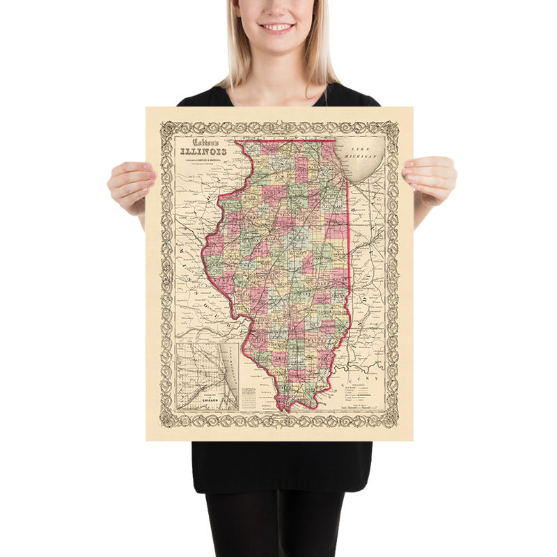 Alte Karte von Illinois von J. H. Colton, 1855: Chicago, Peoria, Springfield, Galena, Quincy 