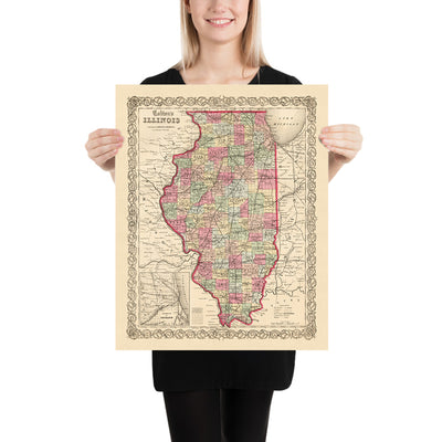 Alte Karte von Illinois von J. H. Colton, 1855: Chicago, Peoria, Springfield, Galena, Quincy 