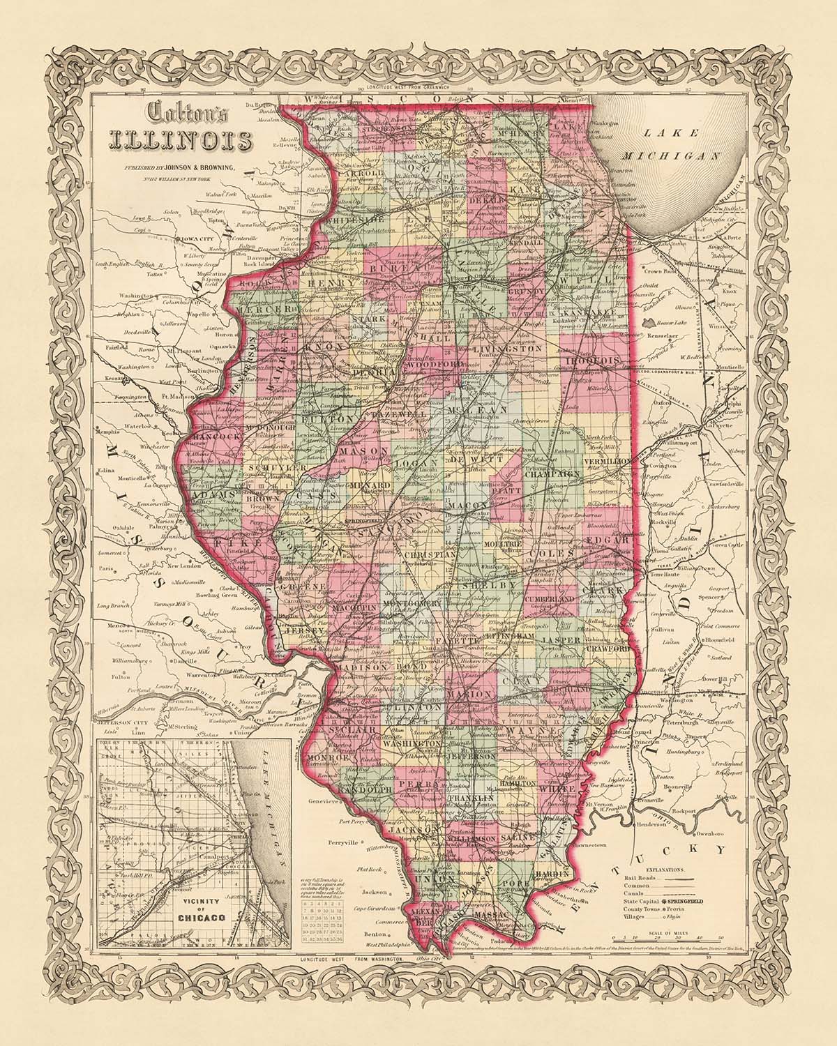 Alte Karte von Illinois von J. H. Colton, 1855: Chicago, Peoria, Springfield, Galena, Quincy 