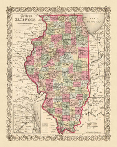 Alte Karte von Illinois von J. H. Colton, 1855: Chicago, Peoria, Springfield, Galena, Quincy 