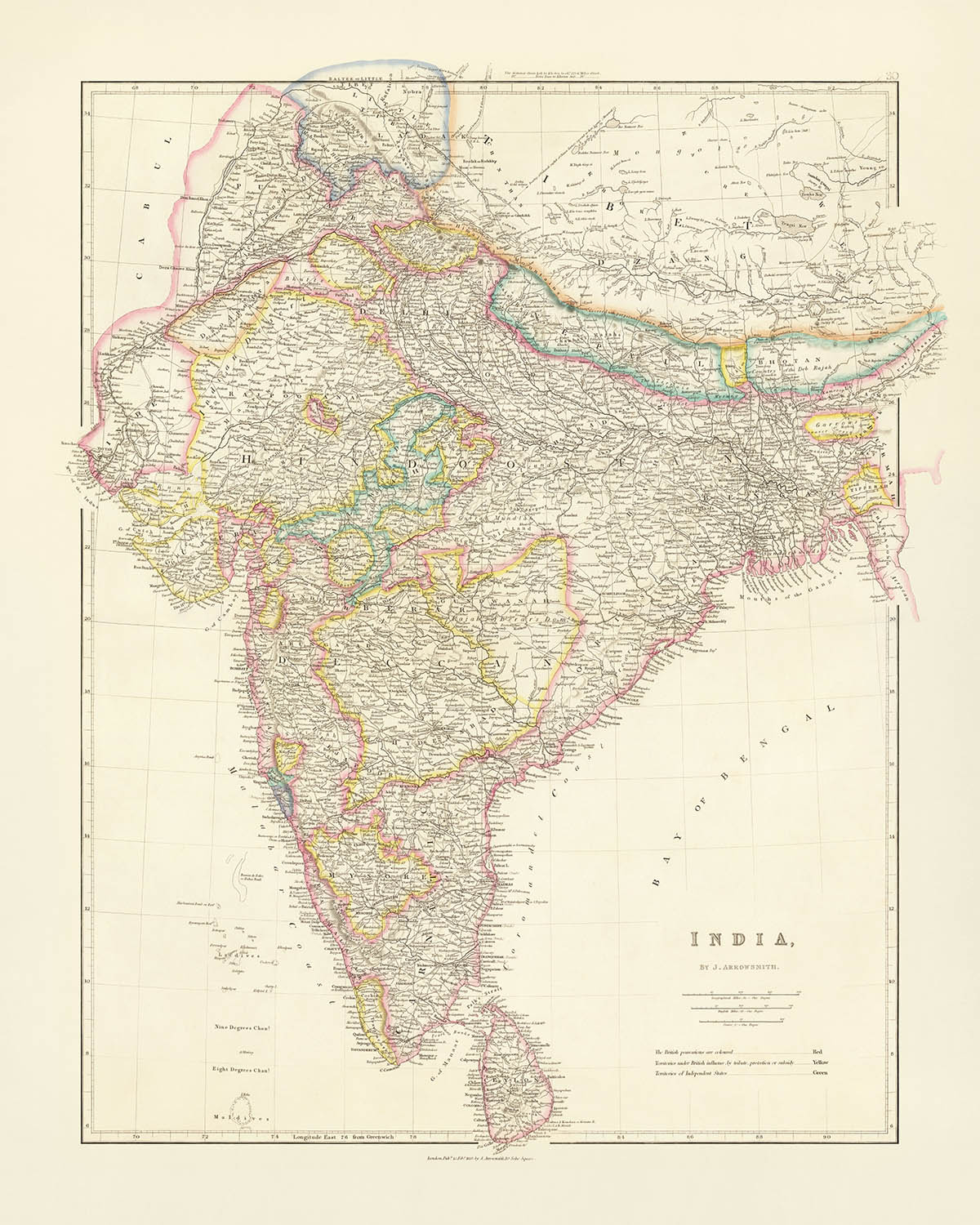 Antigua mapa de India, Pakistán y Bangladés por Arrowsmith, 1857: Ceilán, Tíbet, Nepal, Himalayas, llanuras del río Ganges 