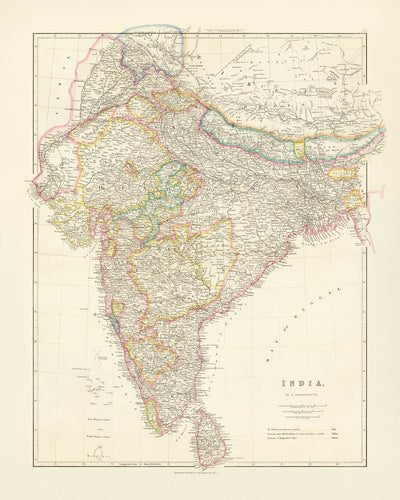Antigua mapa de India, Pakistán y Bangladés por Arrowsmith, 1857: Ceilán, Tíbet, Nepal, Himalayas, llanuras del río Ganges 