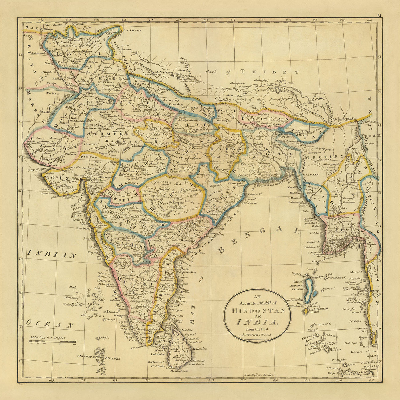 Antigua mapa de India, Pakistán y Bangladés por Carey, 1814: Hindoostán, Ceilán, Birmania, Islas Andamán, Bahía de Bengala 