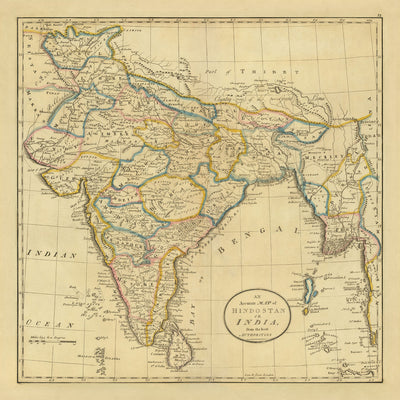 Antigua mapa de India, Pakistán y Bangladés por Carey, 1814: Hindoostán, Ceilán, Birmania, Islas Andamán, Bahía de Bengala 