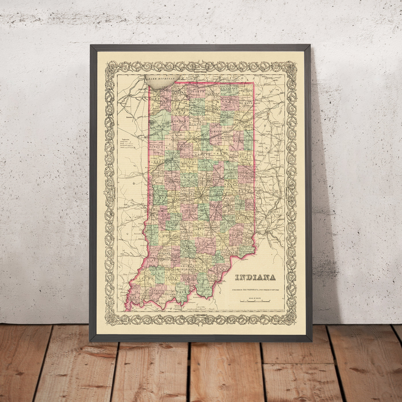 Old map of Indiana by J.H. Colton, 1855: Indianapolis, Fort Wayne, New Albany, Terre Haute, Lafayette