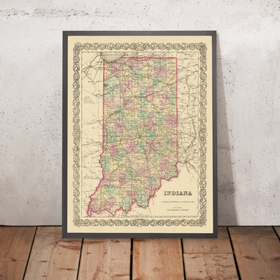 Old map of Indiana by J.H. Colton, 1855: Indianapolis, Fort Wayne, New Albany, Terre Haute, Lafayette