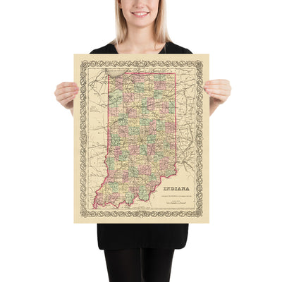 Old map of Indiana by J.H. Colton, 1855: Indianapolis, Fort Wayne, New Albany, Terre Haute, Lafayette
