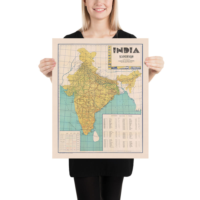 Mappa antica delle ferrovie indiane di Nirdosh, 1960: Mumbai, Delhi, Kolkata, Chennai, Bangalore 