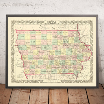 Mapa antiguo de Iowa por JH Colton, 1856: Des Moines, Iowa City, Dubuque, Davenport, Burlington
